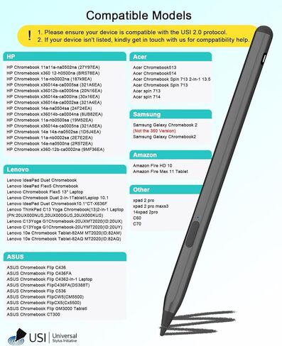 قلم DOGAIN USI2.0 لجهاز Amazon Fire HD 10/Max 11 Tablet/ASUS/Lenovo/HP/Acer Chromebook 4096 مستوى ضغط النخيل ورفض القلم الرقمي من النوع C جسم من الألومنيوم للشحن السريع in Kuwait