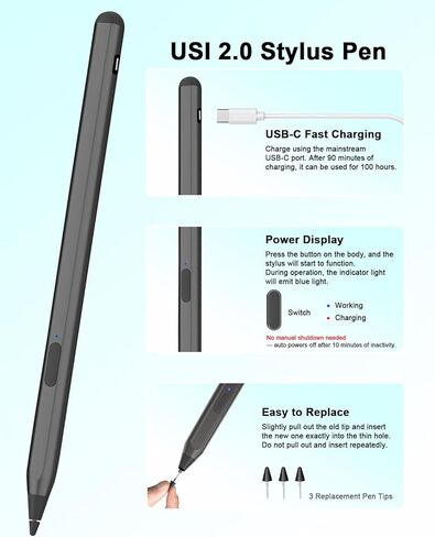 قلم DOGAIN USI2.0 لجهاز Amazon Fire HD 10/Max 11 Tablet/ASUS/Lenovo/HP/Acer Chromebook 4096 مستوى ضغط النخيل ورفض القلم الرقمي من النوع C جسم من الألومنيوم للشحن السريع in Kuwait