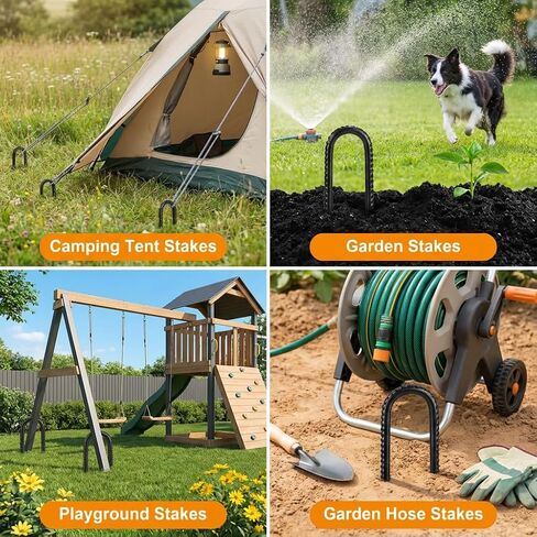 Heavy Duty 12 Inch Rebar Stakes, 15 Pack – U Hook Ground Anchors for Trampolines, High Wind & Outdoor Use, Ideal for Chicken Coops, Fencing, Tents, Gardening, and Dog Yard Securement (15) in Kuwait