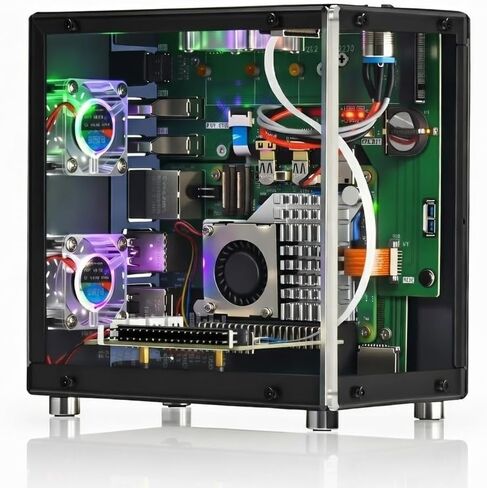 حافظة برج صغيرة من الألومنيوم iUniker PiTower لجهاز Raspberry Pi 5 مع شاشة OLED مقاس 1.3 بوصة، ومراوح تبريد ثلاثية RGB، ودعم NVMe SSD وPCIe، وزر طاقة إيقاف التشغيل الآمن، RTC، يمكن الوصول إلى جميع المنافذ in Kuwait