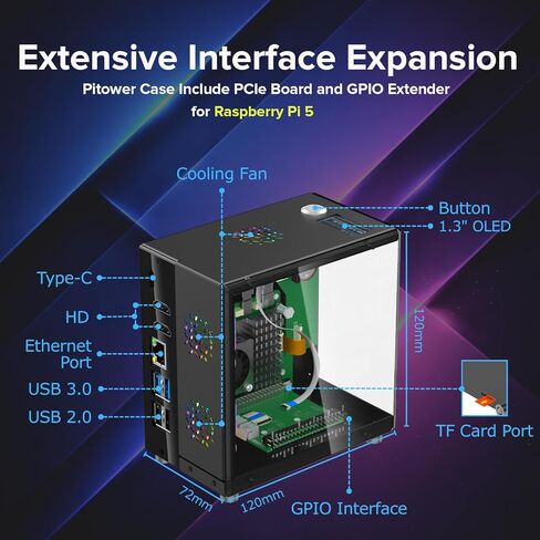 حافظة برج صغيرة من الألومنيوم iUniker PiTower لجهاز Raspberry Pi 5 مع شاشة OLED مقاس 1.3 بوصة، ومراوح تبريد ثلاثية RGB، ودعم NVMe SSD وPCIe، وزر طاقة إيقاف التشغيل الآمن، RTC، يمكن الوصول إلى جميع المنافذ in Kuwait