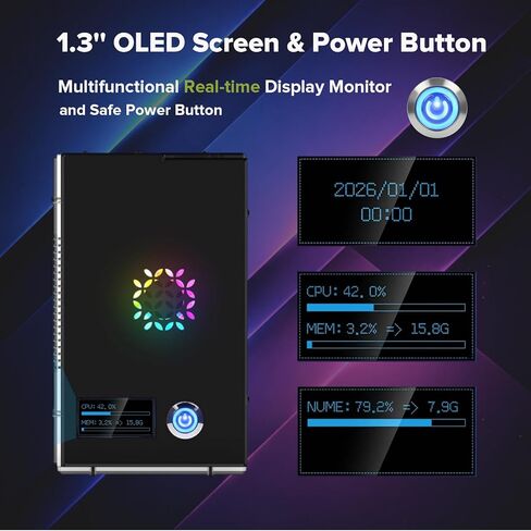 حافظة برج صغيرة من الألومنيوم iUniker PiTower لجهاز Raspberry Pi 5 مع شاشة OLED مقاس 1.3 بوصة، ومراوح تبريد ثلاثية RGB، ودعم NVMe SSD وPCIe، وزر طاقة إيقاف التشغيل الآمن، RTC، يمكن الوصول إلى جميع المنافذ in Kuwait
