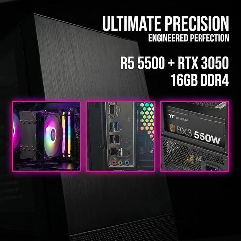 كمبيوتر مكتبي للألعاب، AMD R5 5500، RTX 3050 6G، 16 جيجا DDR4، 512 جيجا M.2 SSD، BX3 550W 80PLUS Bronze PSU، RGB Fan x5، WiFi جاهز ونظام التشغيل Windows 11 Home، أسود in Kuwait