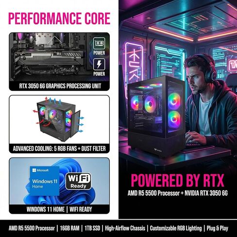 كمبيوتر مكتبي للألعاب، AMD R5 5500، RTX 3050 6G، 16 جيجا DDR4، 512 جيجا M.2 SSD، BX3 550W 80PLUS Bronze PSU، RGB Fan x5، WiFi جاهز ونظام التشغيل Windows 11 Home، أسود in Kuwait