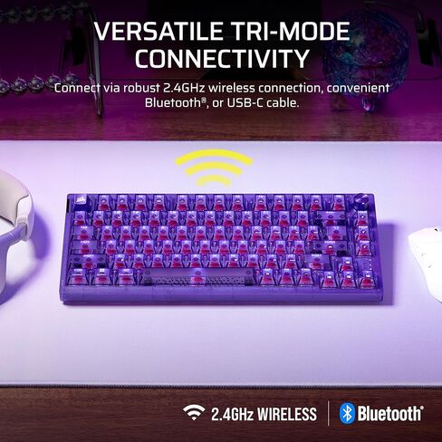 لوحة مفاتيح الألعاب الميكانيكية Corsair K65 Plus اللاسلكية بنسبة 75% RGB القابلة للتبديل السريع - تصميم QWERTY US، ومفاتيح خطية MLX Red v2 مشحمة مسبقًا، وتخميد الصوت بطبقة مزدوجة - أرجواني ذري in Kuwait