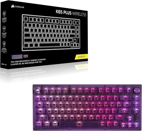 لوحة مفاتيح الألعاب الميكانيكية Corsair K65 Plus اللاسلكية بنسبة 75% RGB القابلة للتبديل السريع - تصميم QWERTY US، ومفاتيح خطية MLX Red v2 مشحمة مسبقًا، وتخميد الصوت بطبقة مزدوجة - أرجواني ذري in Kuwait