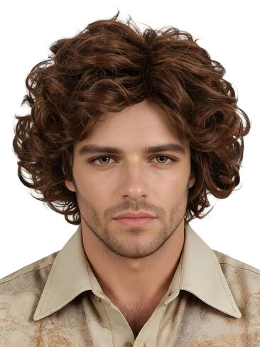 Men's Wig 70's 80's TV Star Wig Light Brown Natural Layered Hippie Wig Halloween Costume Cosplay Wig in Kuwait