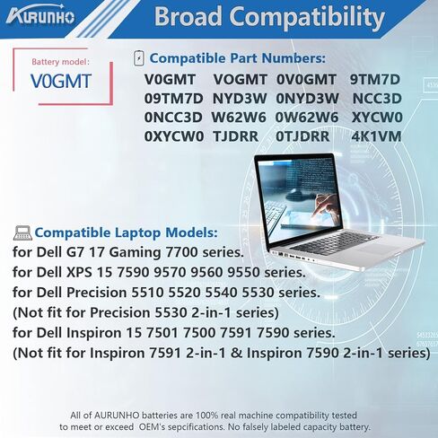 V0GMT استبدال بطارية الكمبيوتر المحمول Dell G7 17 7700 Series 9TM7D 09TM7D NYD3W 0NYD3W NCC3D 0NCC3D 4K1VM W62W6 0W62W6 XYCW0 0XYCW0 VOGMT 0V0GMT TJDRR 0TJDRR 56Wh 11.4V in Kuwait