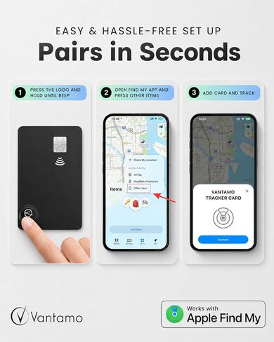 بطاقة تعقب المحفظة رفيعة للغاية من فانتامو، معتمدة من Apple MFi، IP68 مقاومة للماء ومحفظة البطاقة الذكية بلوتوث وجواز السفر، تعمل مع Apple Find My، الشحن اللاسلكي، iOS فقط in Kuwait