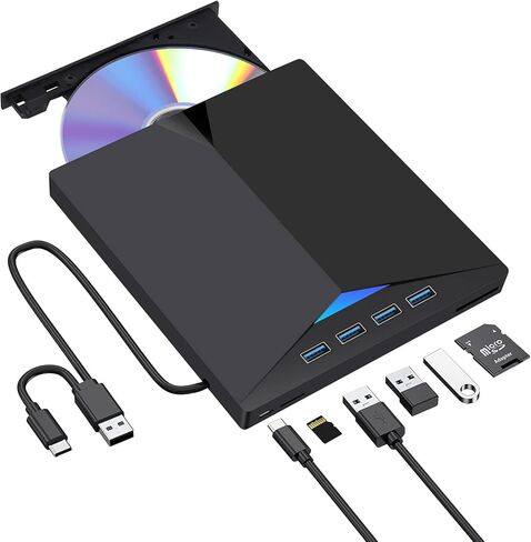 محرك أقراص CD/DVD خارجي للكمبيوتر المحمول، مشغل أقراص CD/DVD من النوع C USB 3.0 قارئ ناسخ محمول متوافق مع Mac MacBook Pro/Air iMac Desktop Windows 7/8/10/XP/Vista (7 في 1) in Kuwait