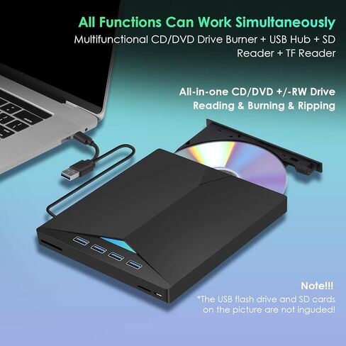 محرك أقراص CD/DVD خارجي للكمبيوتر المحمول، مشغل أقراص CD/DVD من النوع C USB 3.0 قارئ ناسخ محمول متوافق مع Mac MacBook Pro/Air iMac Desktop Windows 7/8/10/XP/Vista (7 في 1) in Kuwait