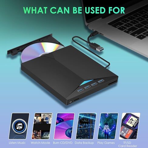محرك أقراص CD/DVD خارجي للكمبيوتر المحمول، مشغل أقراص CD/DVD من النوع C USB 3.0 قارئ ناسخ محمول متوافق مع Mac MacBook Pro/Air iMac Desktop Windows 7/8/10/XP/Vista (7 في 1) in Kuwait
