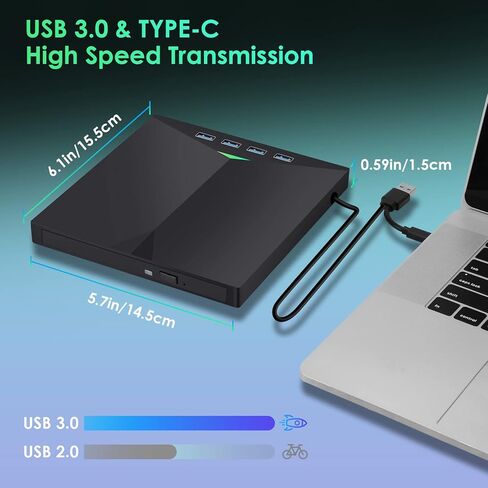 محرك أقراص CD/DVD خارجي للكمبيوتر المحمول، مشغل أقراص CD/DVD من النوع C USB 3.0 قارئ ناسخ محمول متوافق مع Mac MacBook Pro/Air iMac Desktop Windows 7/8/10/XP/Vista (7 في 1) in Kuwait