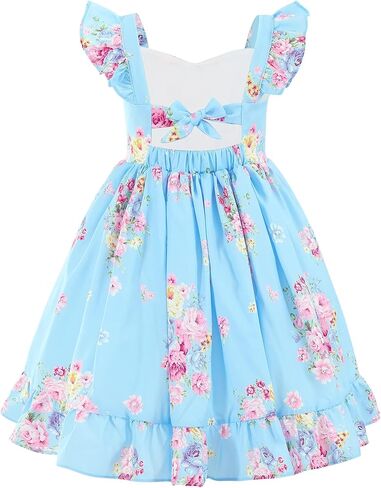Flofallzique Summer Girls Floral Dress Ruffle Sleeves Tie Back Vintage Toddler Birthday Party Dresses in Kuwait