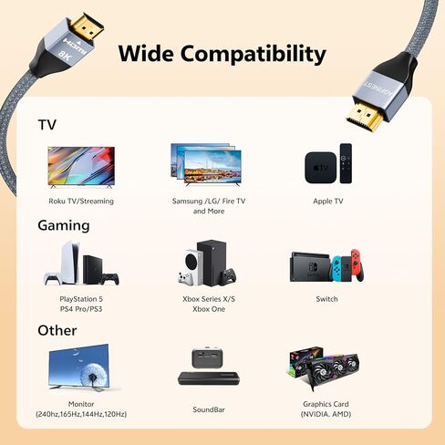كابل HDMI 8K، كابل HDMI معتمد فائق السرعة 48 جيجابت في الثانية [8K@60 هرتز/ 4K@120HZ] HDR10، eARC، HDCP، HDMI 2.1 متوافق مع شاشة Netflix Roku TV PC وجهاز عرض PS5 Xbox (6.6 قدم) in Kuwait