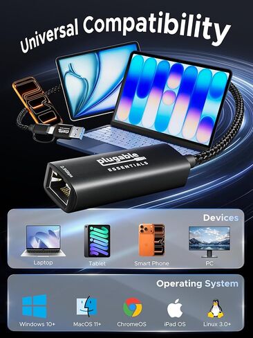 محول USB-C وUSB إلى إيثرنت بسرعة 2.5 جيجابت في الثانية قابل للتوصيل، ومحول إيثرنت USB-A/USB-C 2 في 1 | ألومنيوم، مضفر| محول شبكة عالي السرعة 2.5 جيجابت في الثانية لأجهزة Thunderbolt 4/3، وMacBook Air/Pro، وiPad، وWindows، وXPS in Kuwait