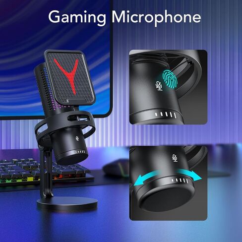 ميكروفون الألعاب المكثف USB من Zunate مع تأثير RGB، جودة صوت واضحة، مقبس سماعة الرأس OneTouch كتم الصوت والتشغيل لأجهزة الكمبيوتر المحمول والهاتف اللوحي، ميكروفون مكتبي لتقليل الضوضاء in Kuwait