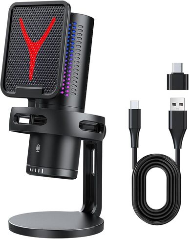 ميكروفون الألعاب المكثف USB من Zunate مع تأثير RGB، جودة صوت واضحة، مقبس سماعة الرأس OneTouch كتم الصوت والتشغيل لأجهزة الكمبيوتر المحمول والهاتف اللوحي، ميكروفون مكتبي لتقليل الضوضاء in Kuwait