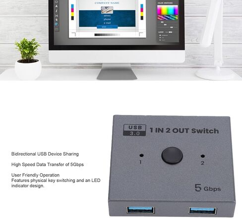 محول USB 3.0، 2 في 1 نقل بيانات ثنائي الاتجاه بسرعة 5 جيجابت في الثانية، مع مفتاح فعلي ومؤشر LED، للماسح الضوئي لطابعة لوحة المفاتيح والماوس in Kuwait