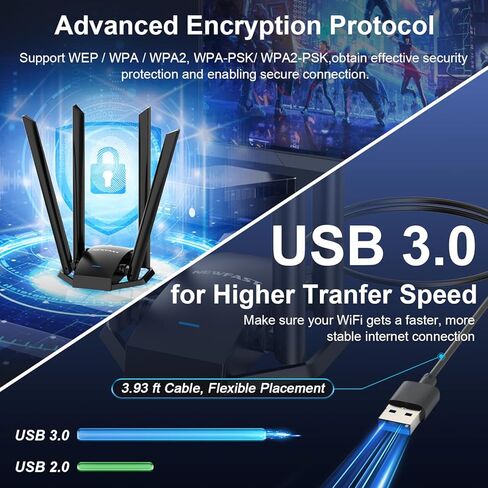 NEWFAST AC1300 USB WiFi Adapter U329,2.4GHz/5GHz Dual Band Wireless Network Adapter for Desktop PC,USB3.0 Computer Network Adapters with 4 Antenna,Dongle WiFi Compatible with Windows XP/7/8/8.1/10/11 in Kuwait