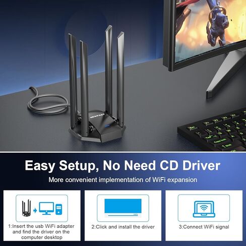NEWFAST AC1300 USB WiFi Adapter U329,2.4GHz/5GHz Dual Band Wireless Network Adapter for Desktop PC,USB3.0 Computer Network Adapters with 4 Antenna,Dongle WiFi Compatible with Windows XP/7/8/8.1/10/11 in Kuwait