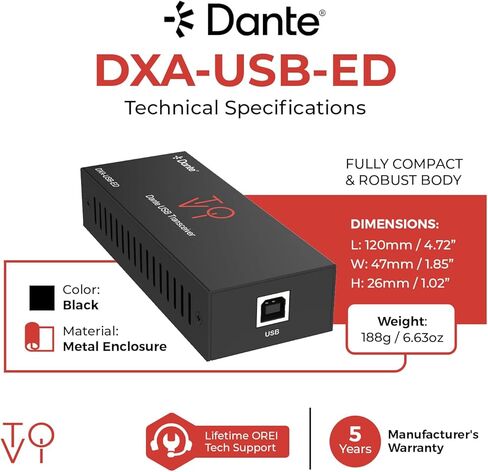 محول صوت ToVi Dante USB إلى الشبكة - محول صوت ثنائي القناة لشبكة Dante - صوت متوافق مع AES67 عبر IP - 24 بت 44.1/48/96 كيلو هرتز (DXA-USB-ED) in Kuwait