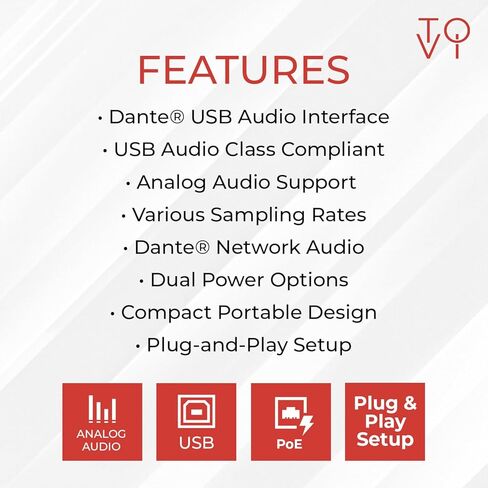 محول صوت ToVi Dante USB إلى الشبكة - محول صوت ثنائي القناة لشبكة Dante - صوت متوافق مع AES67 عبر IP - 24 بت 44.1/48/96 كيلو هرتز (DXA-USB-ED) in Kuwait
