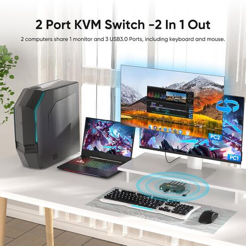 محول 8K HDMI KVM 2 جهاز كمبيوتر وشاشة واحدة، USB3.0 8K@60HZ 2 منفذ kvm لجهازي كمبيوتر/كمبيوتر محمول لمشاركة لوحة المفاتيح والماوس، وجهاز التحكم عن بعد، ودعم EDID in Kuwait