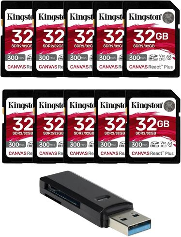 بطاقة ذاكرة Kingston Canvas React Plus سعة 32 جيجابايت U3 V90 SD (10 عبوات) مع حزمة قارئ بطاقات ذاكرة 2 في 1 USB 3.0 (11 عنصرًا) in Kuwait