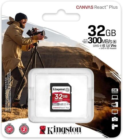 بطاقة ذاكرة Kingston Canvas React Plus سعة 32 جيجابايت U3 V90 SD (10 عبوات) مع حزمة قارئ بطاقات ذاكرة 2 في 1 USB 3.0 (11 عنصرًا) in Kuwait