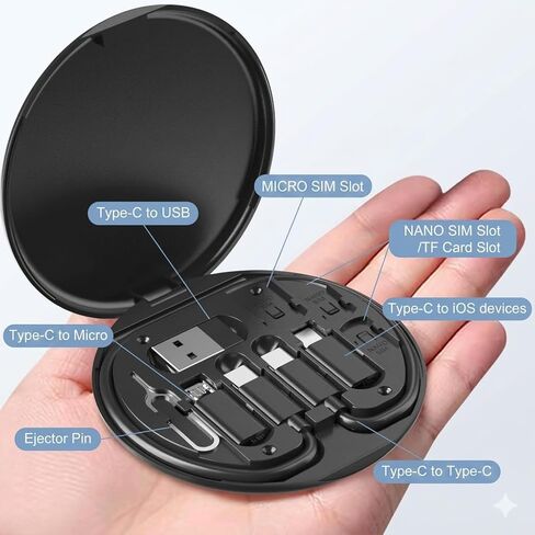 طقم منظم كابل السفر مع محول USB-C، طقم محول جهاز usb-c إلى ios مع سلك شحن 12 بوصة 60 وات، USB OTG، حقيبة تخزين بطاقة SIM وحامل هاتف، نقل بيانات بسرعة 480 ميجابت في الثانية، محول USBC إلى Micro in Kuwait