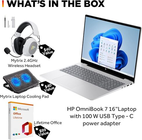 HP OmniBook 7 16" OLED Touchscreen Laptop, Intel Core 9 270H, 2K 120Hz Display HDR 500 nits, 32GB RAM, 1TB SSD, Wi-Fi 7, Thunderbolt 4, Backlit Keyboard, Windows 11 Home, w/Accessory & Lifetime Office in Kuwait