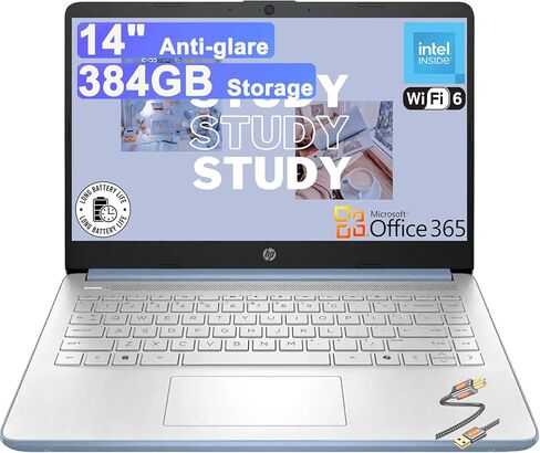 كمبيوتر محمول HP 14 Stream Business & Student مقاس 14 بوصة عالي الدقة ومضاد للتوهج ومعالج Intel 4-core N150 وذاكرة الوصول العشوائي (RAM) سعة 4 جيجابايت وذاكرة تخزين سعة 128 جيجابايت وبطارية طويلة الأمد وكابل طابعة Win11 ICP in Kuwait