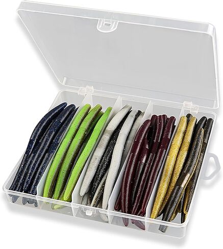 50 Pack Bass Fishing Worms - 5.3 Inch Soft Plastic Fishing Lures, Stick Worms for Bass Fishing, TPE Material with Salt, 5 Colors Wacky Style Fishing Baits for Freshwater Bass Trout in Kuwait