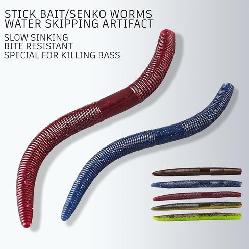 50 Pack Bass Fishing Worms - 5.3 Inch Soft Plastic Fishing Lures, Stick Worms for Bass Fishing, TPE Material with Salt, 5 Colors Wacky Style Fishing Baits for Freshwater Bass Trout in Kuwait