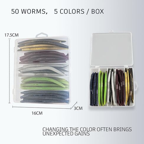 50 Pack Bass Fishing Worms - 5.3 Inch Soft Plastic Fishing Lures, Stick Worms for Bass Fishing, TPE Material with Salt, 5 Colors Wacky Style Fishing Baits for Freshwater Bass Trout in Kuwait