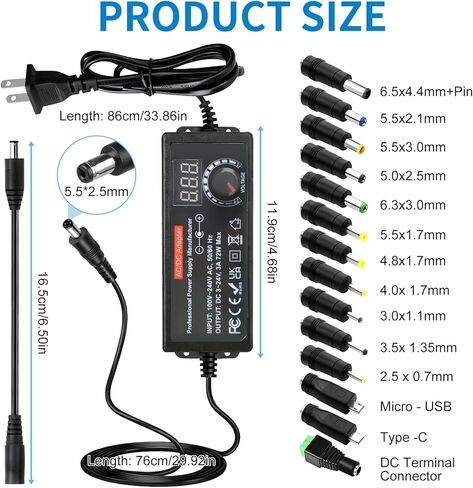 مصدر طاقة عالمي 3V ~ 24V 72W DC، محول طاقة متغير AC إلى DC قابل للتعديل، 100V-240V 3A 3V 5V 6V 9V 12V 15V 18V 19V 20V 24V AC / DC محول مع 14 نصيحة ومحول قطبية in Kuwait