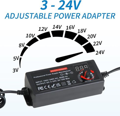 مصدر طاقة عالمي 3V ~ 24V 72W DC، محول طاقة متغير AC إلى DC قابل للتعديل، 100V-240V 3A 3V 5V 6V 9V 12V 15V 18V 19V 20V 24V AC / DC محول مع 14 نصيحة ومحول قطبية in Kuwait