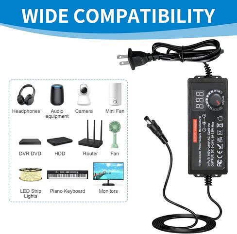 مصدر طاقة عالمي 3V ~ 24V 72W DC، محول طاقة متغير AC إلى DC قابل للتعديل، 100V-240V 3A 3V 5V 6V 9V 12V 15V 18V 19V 20V 24V AC / DC محول مع 14 نصيحة ومحول قطبية in Kuwait