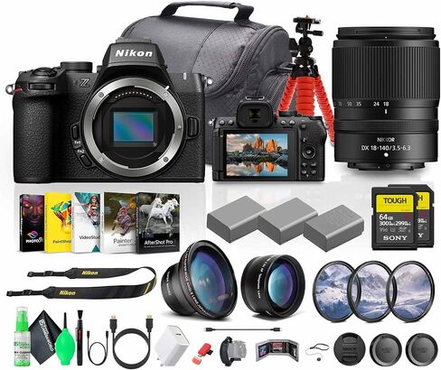 كاميرا Nikon Z50 II صغيرة الحجم خفيفة الوزن بدون مرآة مع مجموعة عدسات مقاس 18-140 مم f/3.5-6.3 (NIZ5021814LK) + بطاقة ذاكرة سعة 64 جيجابايت + بطارية EN-EL25 × 2 + برنامج صور + عدسة مقربة مقاس 62 مم + المزيد in Kuwait