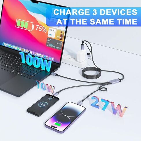 كابل شحن سريع متعدد USB C بقوة 100 واط، بطول 6 أقدام، 5 في 1 من النايلون المضفر مع موصل Lightning Micro USB من النوع C لهاتف iPhone، متوافق مع iPhone 16 15 14 13 12 11 X Pro Max، Samsung S24 23 22 in Kuwait
