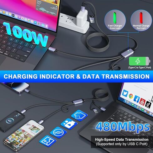 كابل شحن سريع متعدد USB C بقوة 100 واط، بطول 6 أقدام، 5 في 1 من النايلون المضفر مع موصل Lightning Micro USB من النوع C لهاتف iPhone، متوافق مع iPhone 16 15 14 13 12 11 X Pro Max، Samsung S24 23 22 in Kuwait