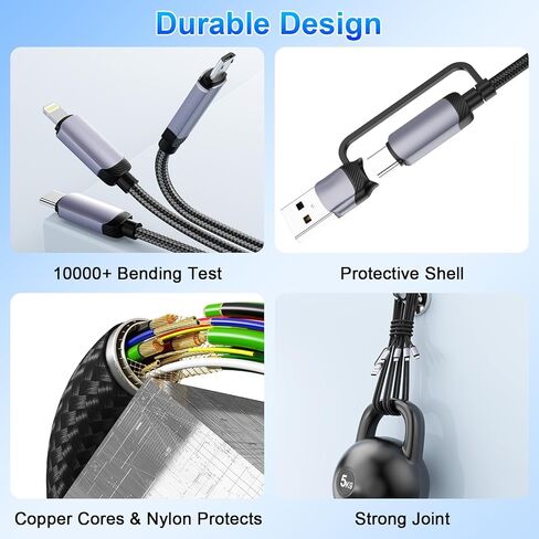 كابل شحن سريع متعدد USB C بقوة 100 واط، بطول 6 أقدام، 5 في 1 من النايلون المضفر مع موصل Lightning Micro USB من النوع C لهاتف iPhone، متوافق مع iPhone 16 15 14 13 12 11 X Pro Max، Samsung S24 23 22 in Kuwait