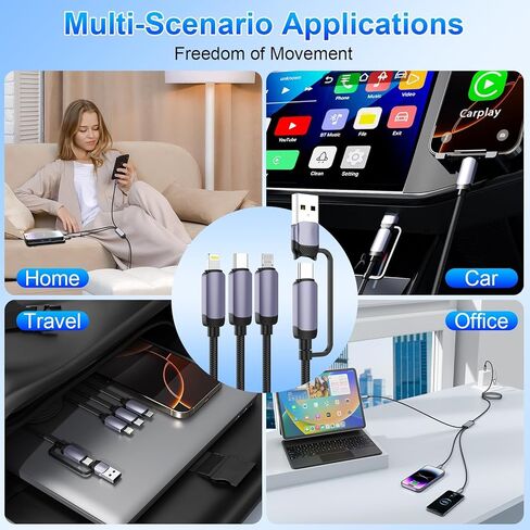 كابل شحن سريع متعدد USB C بقوة 100 واط، بطول 6 أقدام، 5 في 1 من النايلون المضفر مع موصل Lightning Micro USB من النوع C لهاتف iPhone، متوافق مع iPhone 16 15 14 13 12 11 X Pro Max، Samsung S24 23 22 in Kuwait