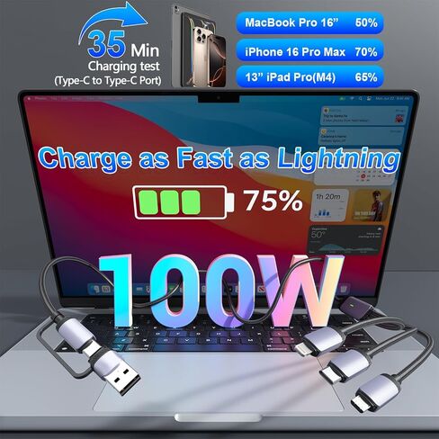 كابل شحن سريع متعدد USB C بقوة 100 واط، بطول 6 أقدام، 5 في 1 من النايلون المضفر مع موصل Lightning Micro USB من النوع C لهاتف iPhone، متوافق مع iPhone 16 15 14 13 12 11 X Pro Max، Samsung S24 23 22 in Kuwait
