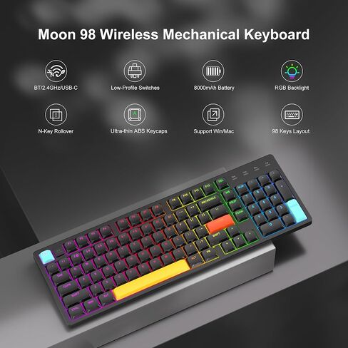 لوحة مفاتيح ميكانيكية لاسلكية منخفضة المستوى MageGee Moo98، BT5.0/2.4 جيجا هرتز/USB-C، تصميم نحيف للغاية بإضاءة خلفية RGB للوحة مفاتيح مكتبية لـ Win/Mac، بطارية 8000 مللي أمبير في الساعة، مفتاح أحمر خطي (أسود) in Kuwait