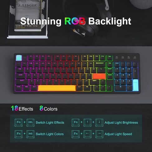 لوحة مفاتيح ميكانيكية لاسلكية منخفضة المستوى MageGee Moo98، BT5.0/2.4 جيجا هرتز/USB-C، تصميم نحيف للغاية بإضاءة خلفية RGB للوحة مفاتيح مكتبية لـ Win/Mac، بطارية 8000 مللي أمبير في الساعة، مفتاح أحمر خطي (أسود) in Kuwait