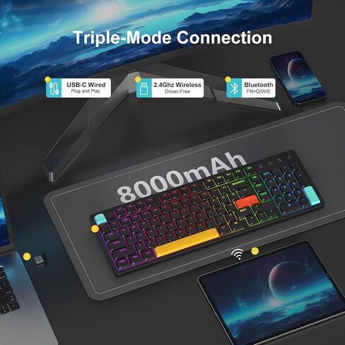 لوحة مفاتيح ميكانيكية لاسلكية منخفضة المستوى MageGee Moo98، BT5.0/2.4 جيجا هرتز/USB-C، تصميم نحيف للغاية بإضاءة خلفية RGB للوحة مفاتيح مكتبية لـ Win/Mac، بطارية 8000 مللي أمبير في الساعة، مفتاح أحمر خطي (أسود) in Kuwait