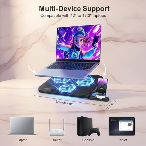 Laptop Cooling Pad, 3 Quiet Fans 5-Level Height, Adjustable Ergonomic Stand, 2 USB Ports Phone, Holder Fits 12" 17" Laptops Family Friendly, for Gaming Work Online Class in Kuwait