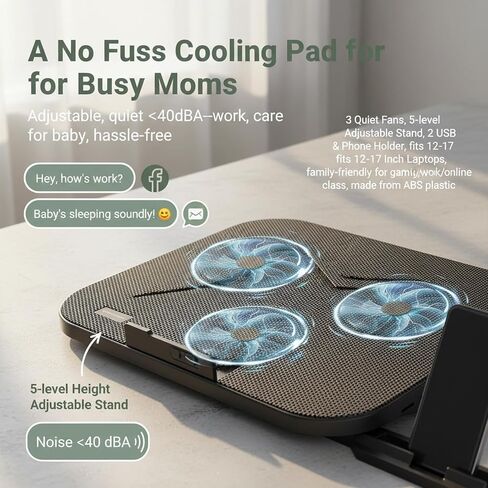 Laptop Cooling Pad, 3 Quiet Fans 5-Level Height, Adjustable Ergonomic Stand, 2 USB Ports Phone, Holder Fits 12" 17" Laptops Family Friendly, for Gaming Work Online Class in Kuwait